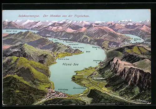 Künstler-AK Mondsee, Der Mondsee mit Orts- und Bergnamen aus der Vogelschau