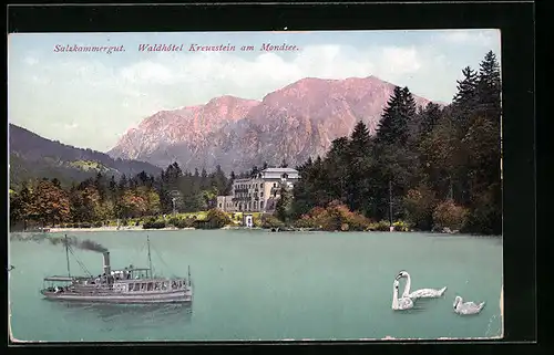 AK Mondsee, Waldhotel Kreuzstein mit Dampfer