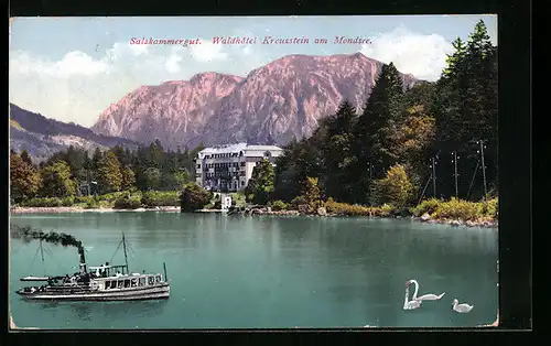 AK Mondsee, Waldhotel Kreuzstein am Mondsee mit Dampfer