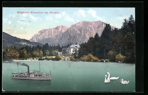 AK Mondsee, Waldhotel Kreuzstein, Dampfer