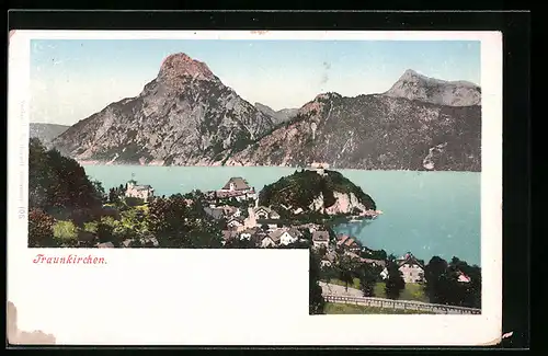 AK Traunkirchen, Teilansicht aus der Vogelschau mit Bergblick