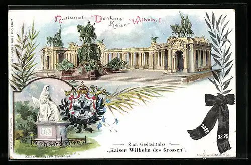 Lithographie Berlin, National-Denkmal Kaiser Wilhelm I., Kaiserin Auguste Denkmal