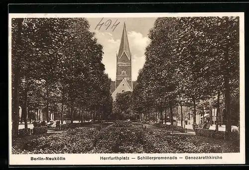 AK Berlin-Neukölln, Herrfurthplatz und Schillerpromenade mit Genezarethkirche