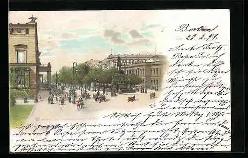 Lithographie Berlin, Strasse Unter den Linden mit Denkmal Friedrich d. Grossen