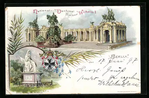 Lithographie Berlin, National-Denkmal Kaiser Wilhelm I., Kaiserin Augusta-Denkmal