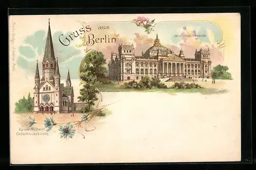 Lithographie Berlin, Reichstags-Gebäude, Kaiser Wilhelm-Gedächtniskirche
