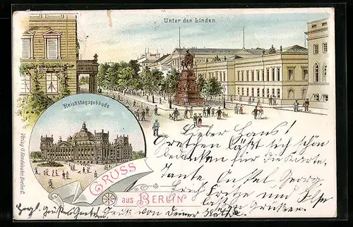 Lithographie Berlin, Strasse Unter den Linden mit Denkmal, Reichstagsgebäude