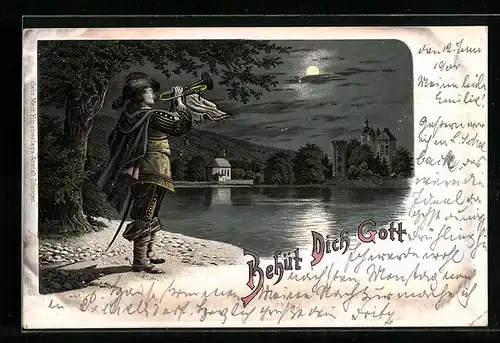 AK Trompeter von Säckingen am Ufer bei Mondschein, Behüt Dich Gott!