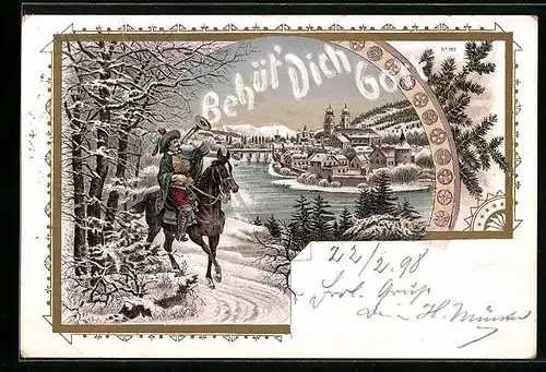 AK Trompeter von Säckingen mit Pferd im Winter, Behüt Dich Gott!
