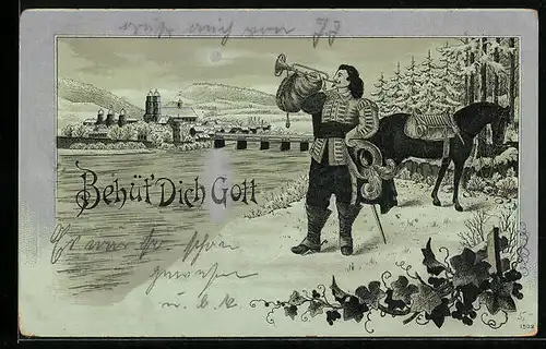 Mondschein-Lithographie Säckingen, Trompeter von Säckingen mit Pferd im Winter, Behüt Dich Gott!