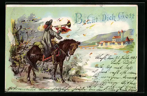 Lithographie Säckingen, Trompeter von Säckingen zu Pferde, Behüt Dich Gott!