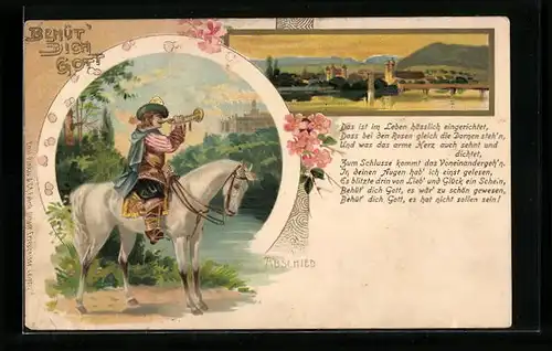 Lithographie Säckingen, Trompeter von Säckingen zu Pferde, Uferpartie, Behüt Dich Gott!