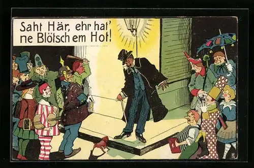 AK Mann unter einer Laterne mit Kostümierten, Fasching 1912