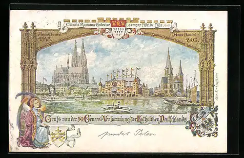 Künstler-AK Köln, 50. General-Versammlung der Katholiken Deutschland, Uferpartie mit Festhalle und Kirche