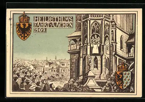 Künstler-AK Aachen, Heiligtumsfahrt 1909, Kirche, Wappen