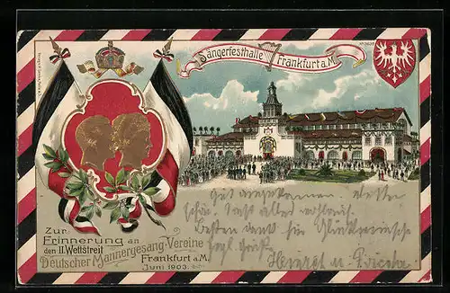 Präge-Lithographie Frankfurt a. M., II. Wettstreit 1903, Sängerfesthalle, Kaiserpaar, Sängerfest