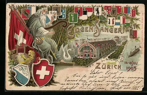 Präge-Künstler-AK Zürich, Eidgenössisches Sängerfest 1905, Alter Mann mit Harfe, Wappen