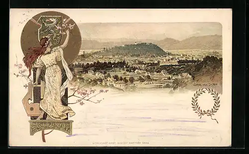 Präge-Lithographie Graz, 6. Sängerbundesfest, Teilansicht von Osten, Frau mit Harfe und Wappen