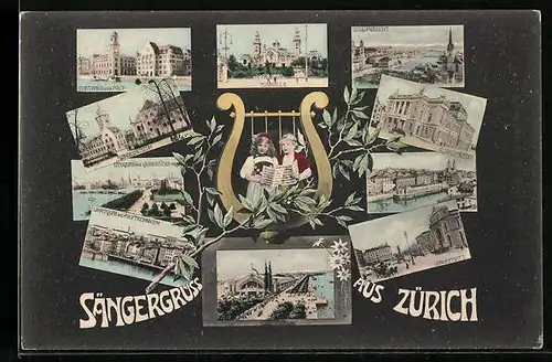 AK Zürich, Stadthaus und Post, Tonhalle, Stadttheater, Harfe mit Sängern