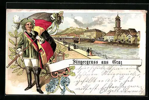 Lithographie Graz, Uferpartie, Sänger mit Fahne