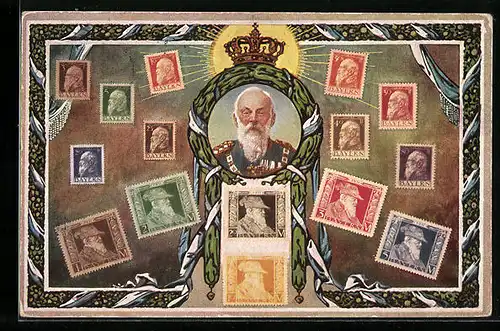 AK Prinzregent Luitpold und bayer. Briefmarken
