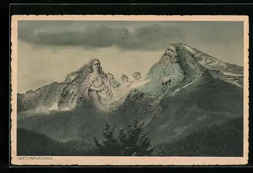 AK Berchtesgaden, Watzmann-Sage, Bergfamilie mit Gesicht, Berggesichter