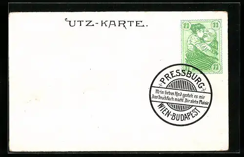 Lithographie Utz-Karte, Briefmarke mit Liebespaar, Erotik