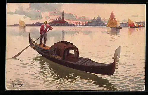 Künstler-AK Venedig / Venezia, Gondola e Isola S. Giorgio