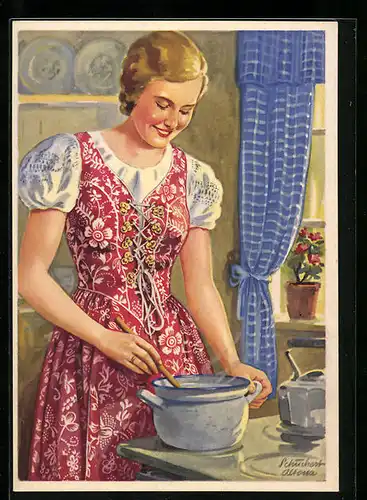 AK Junge Frau rührt in einem Kochtopf, Reklame für Indanthren