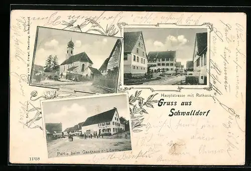 AK Schwalldorf, Gasthaus zum Löwen, Kirche, Hauptstrasse mit Rathaus