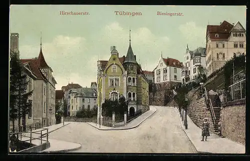 AK Tübingen, Hirschauerstrasse und Biesingerstrasse mit Frau