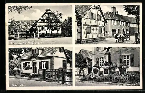 AK Helmlingen am Rhein, Handlung Haus Walther, Bauernhaus im Hanauerland, Kriegerdenkmal