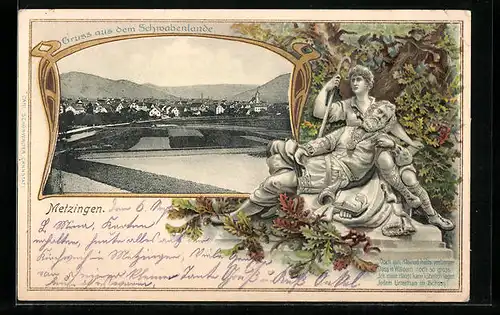 Passepartout-Lithographie Metzingen /Schwaben, Teilansicht, Denkmal