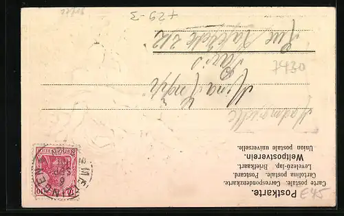 Passepartout-Lithographie Metzingen /Schwaben, Teilansicht, Denkmal