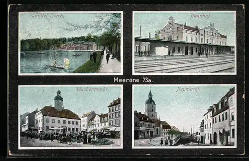 AK Meerane i. Sa., Neumarkt mit Geschäft, Bahnhof, Gondel-Teich