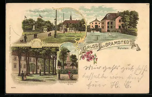 Lithographie Bramstedt /Holstein, Hotel Holsteinisches Haus und Bleeck mit Roland, Schloss, Mühle