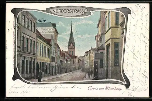 AK Flensburg, Norderstrasse mit Hauswandwerbung J. H. Beckmann`s Küchen-Artikel