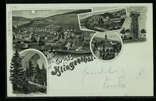 Mondschein-Lithographie Klingenthal, Totalansicht, Zwota, Schneckenstein, Kirche