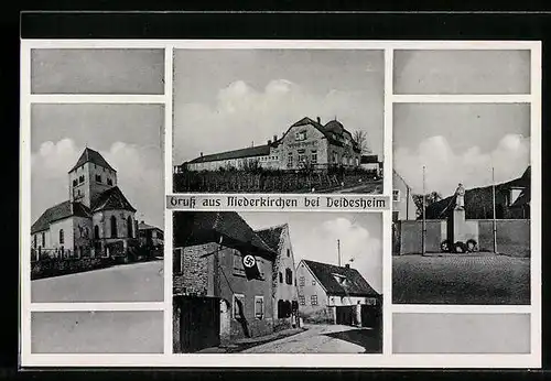 AK Niederkirchen b. Deidesheim, Gebäude des Winzer-Vereins, Kriegerdenkmal, Haus mit 