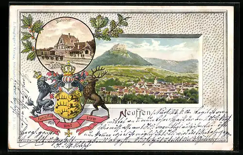 Passepartout-Lithographie Neuffen, Totalansicht, Bahnhof, Wappen