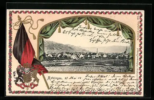 Passepartout-Lithographie Metzingen, Ortsansicht, Wappen