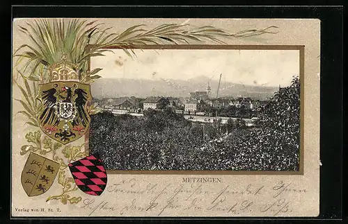 Passepartout-Lithographie Metzingen, Totalansicht, Wappen