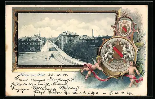 Passepartout-Lithographie Kehl, Ortspartie und Wappen mit Engeln