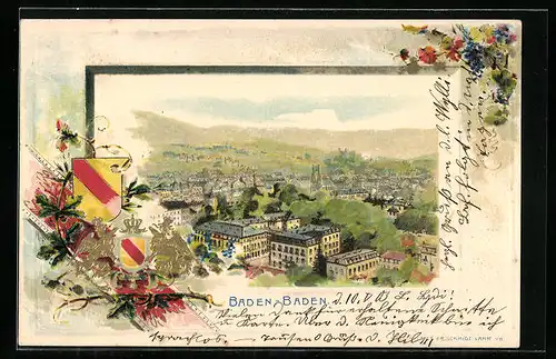 Passepartout-Lithographie Baden-Baden, Blick über die Dächer der Stadt, Wappen