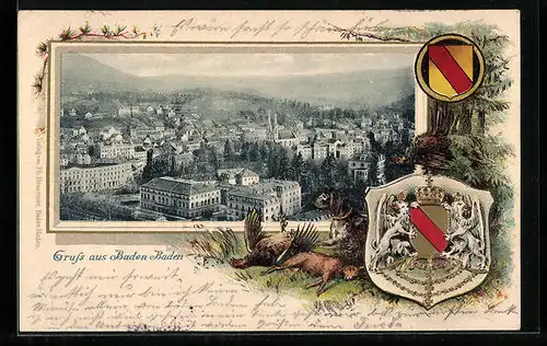 Passepartout-Lithographie Baden-Baden, Totalansicht aus der Vogelschau, Wappen