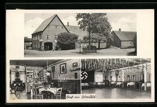 AK Schmalfeld bei Kaltenkirchen, Gasthof Zum weissen Ross Hans Harbeck, Gebäudeansicht, Saal mit -Fahnen