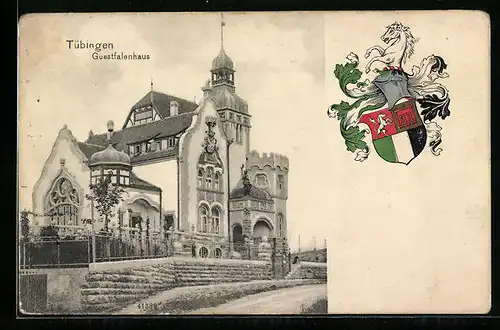 AK Tübingen, Guestfalen-Verbindungshaus, Strassenansicht, Wappen