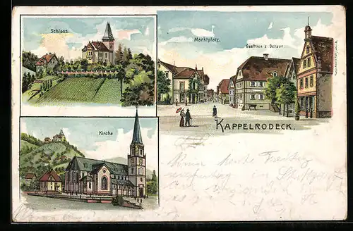 Lithographie Kappelrodeck, Marktplatz mit Gasthaus zum Ochsen, Schloss