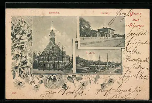 AK Krempe, Rathaus, Bahnhof und Hafen