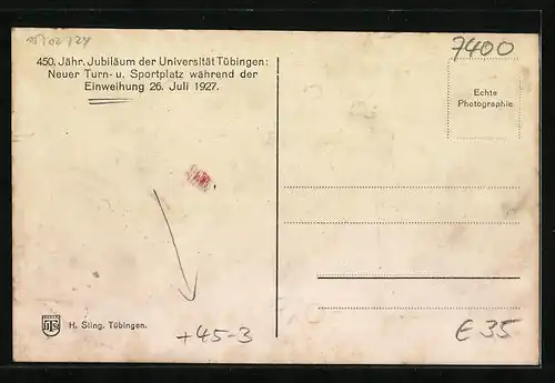 AK Tübingen, 450jähriges Jubiläum der Universität 1927, Turn- und Sportplatz währen der Einweihung